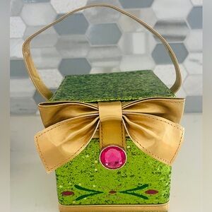 Disney Parks Anna Present Purse Sparkle Glitter Green & Gold Box W/Bow 5 Inch